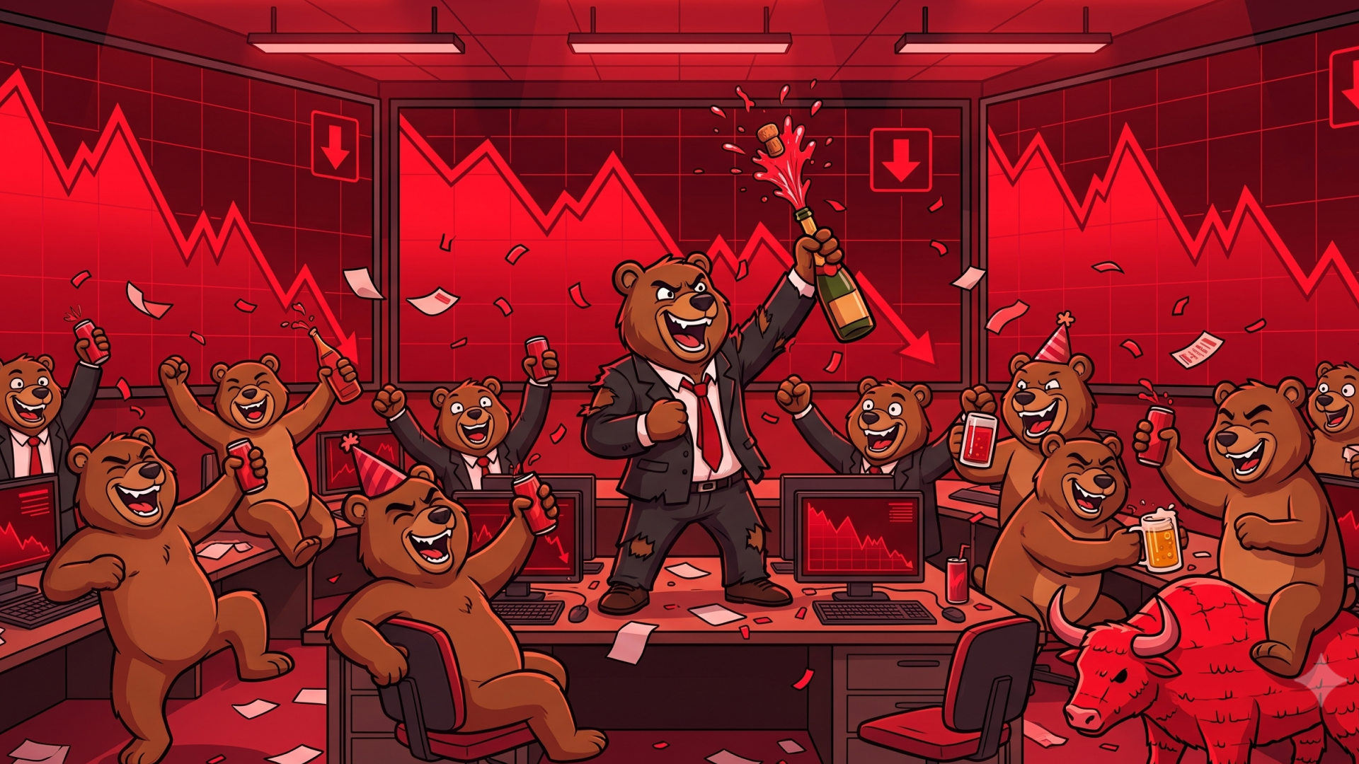bears celebrating a red trading floor
