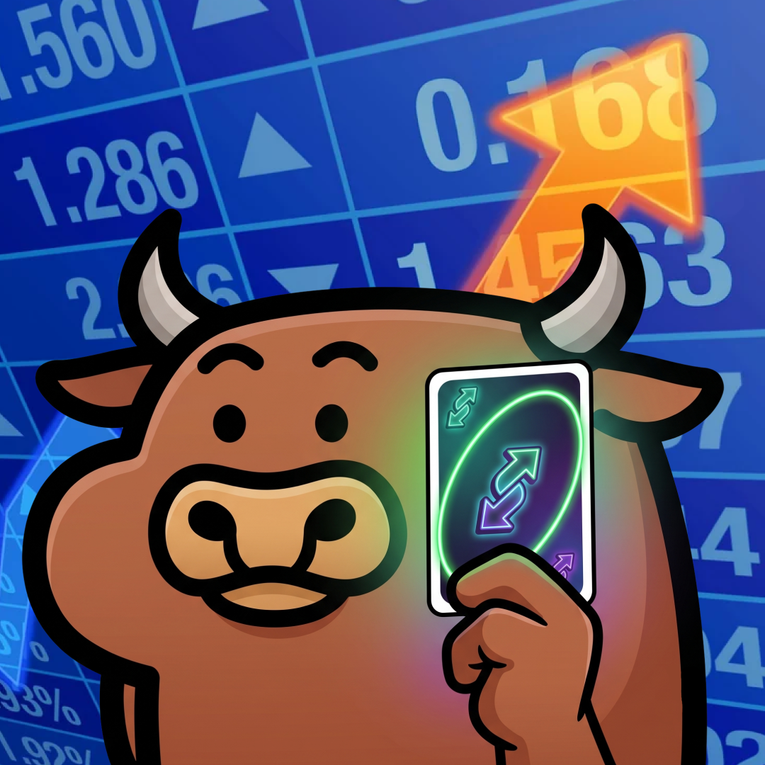 the bull holds the reverse card in front of a blue ticker board