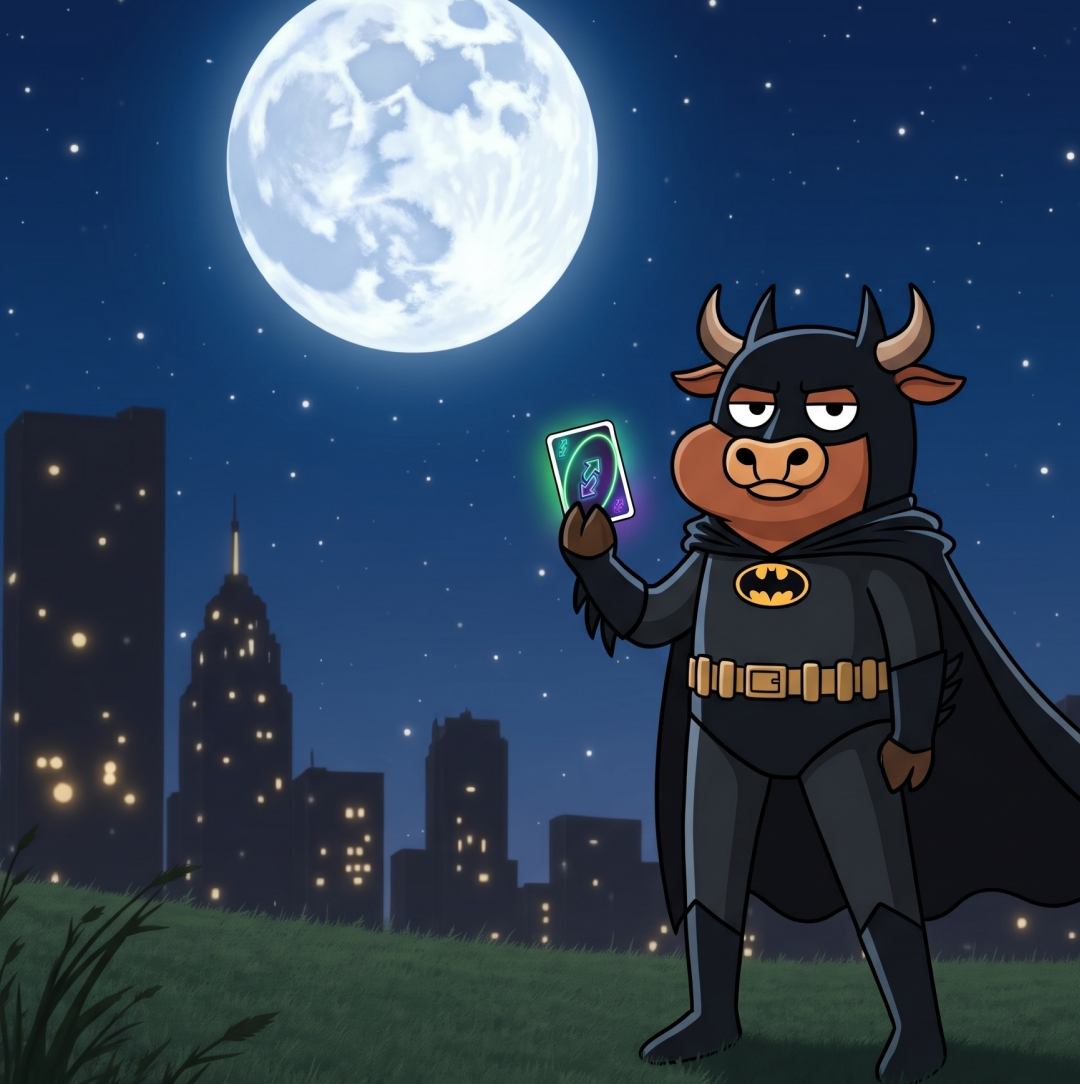 reverse card bull as the caped crusader under a full moon