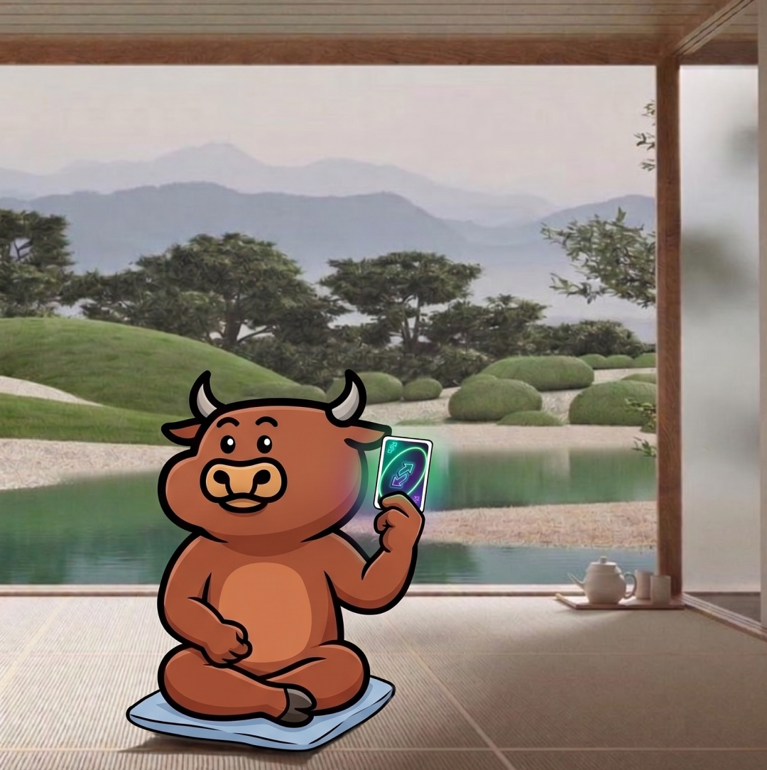 reverse card bull meditating by a mountain garden