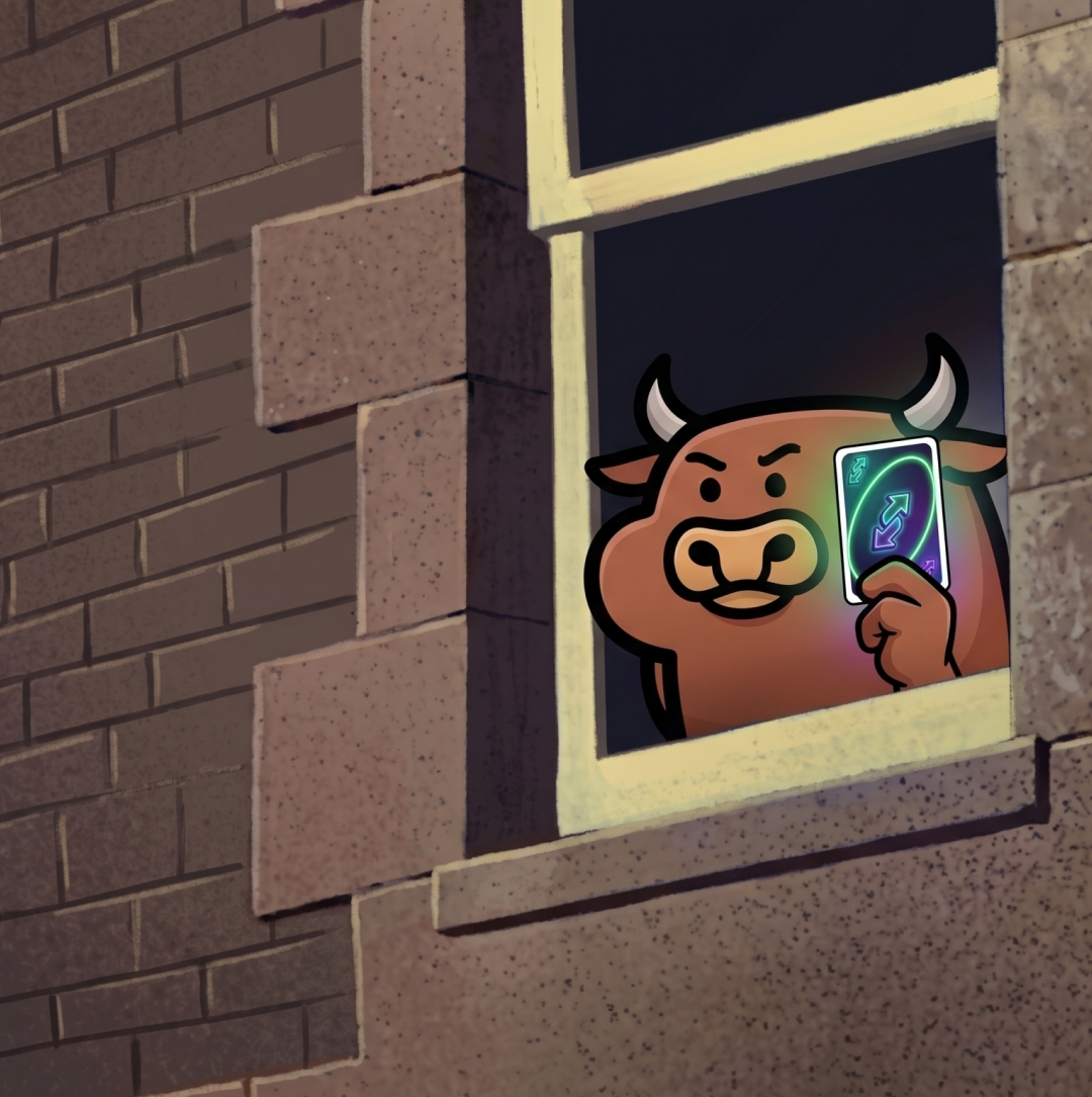 reverse card bull peeking through a window at night