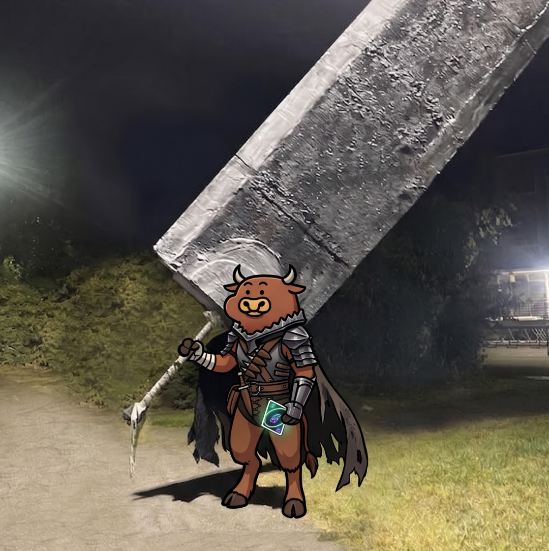 armored reverse card bull under a falling monolith