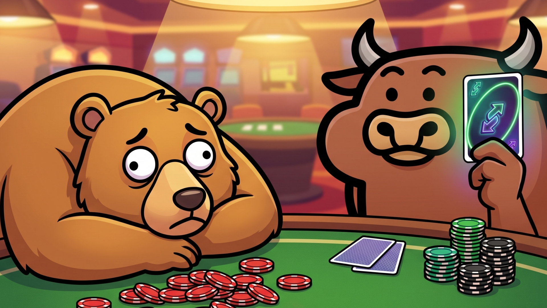 calm bull versus defeated bear at the poker table